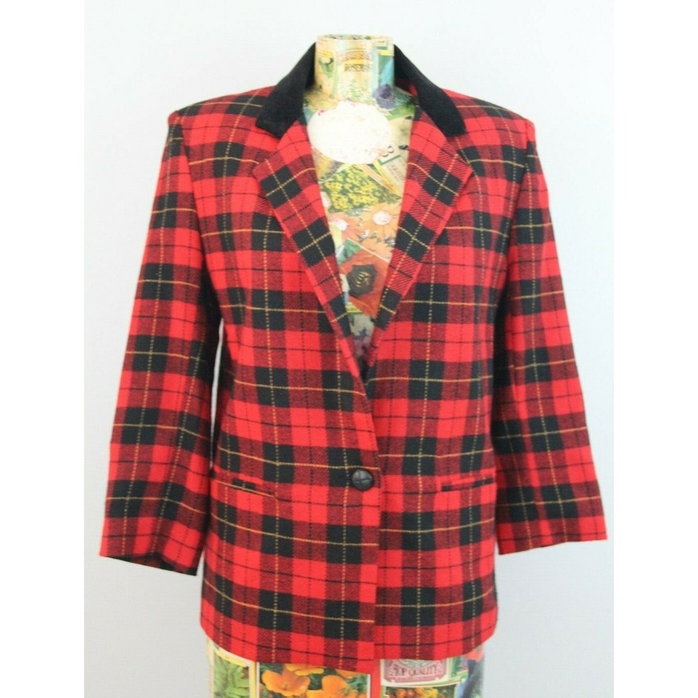 Vtg Petite Dumas Plaid Red Black Check Jacket Blazer Lined 4 USA Shoulder Pads